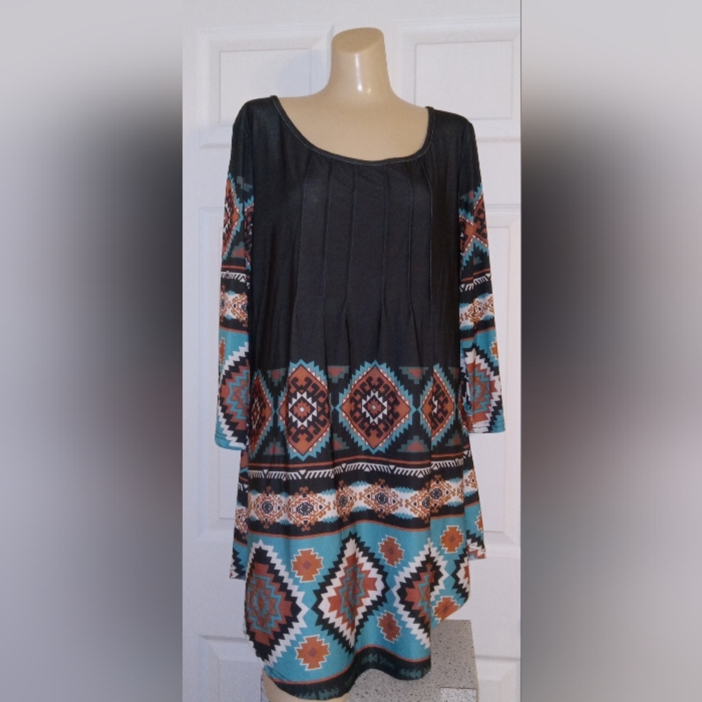 NWOT Size XL Black and Teal Native American Pattern Dress